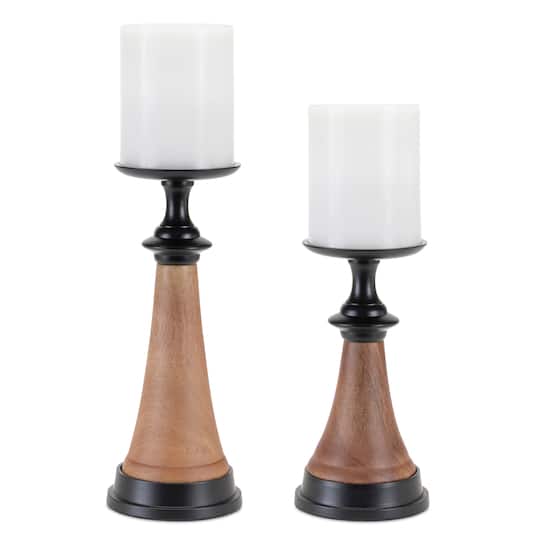 Tapered Wood & Metal Candle Holder Set